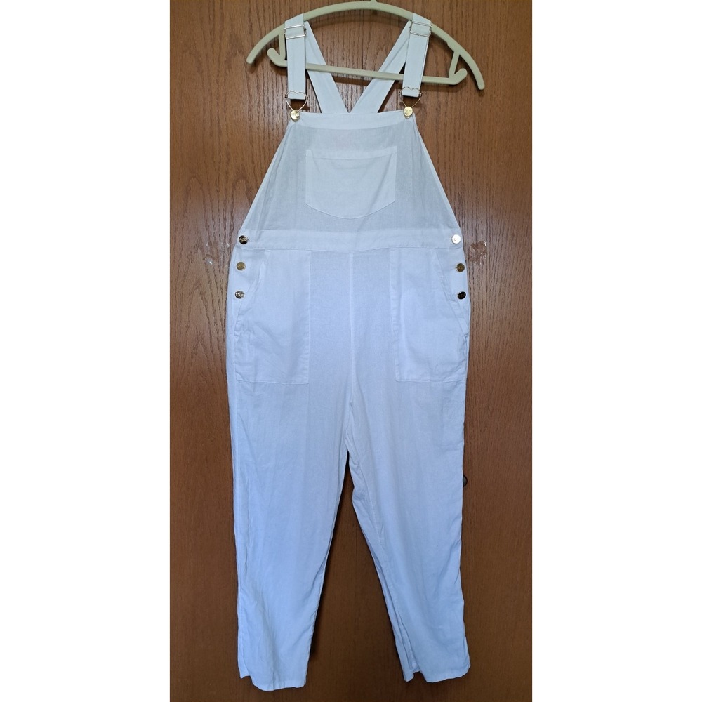 Stoney Clover Women's White Linen/Rayon Jumpsuit M Gold Tone Buttons Pockets